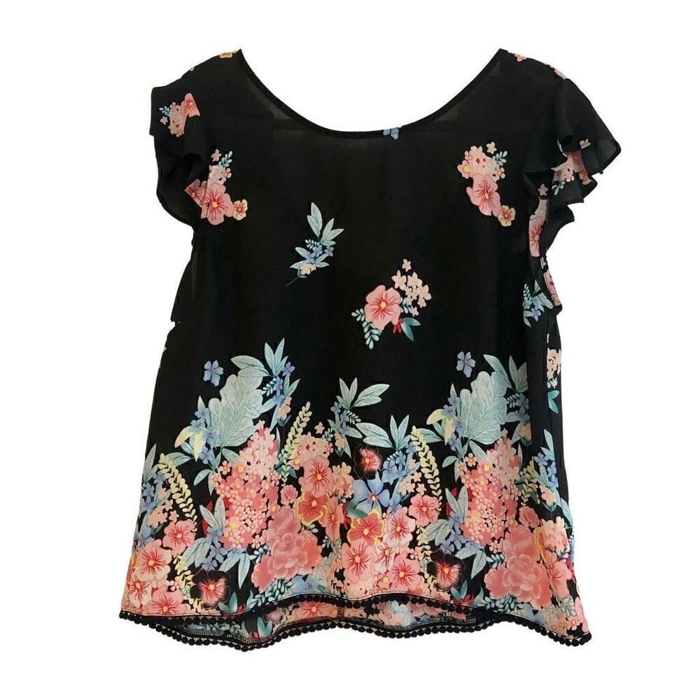 Twine and String Women’s Plus Floral Black Sheer Blouse Pom Pom Trim Size XL
